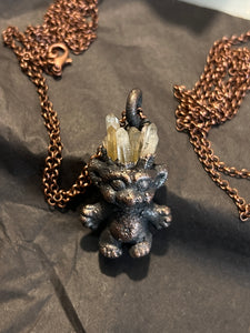 Clear quartz castle copper electroformed mini troll necklace