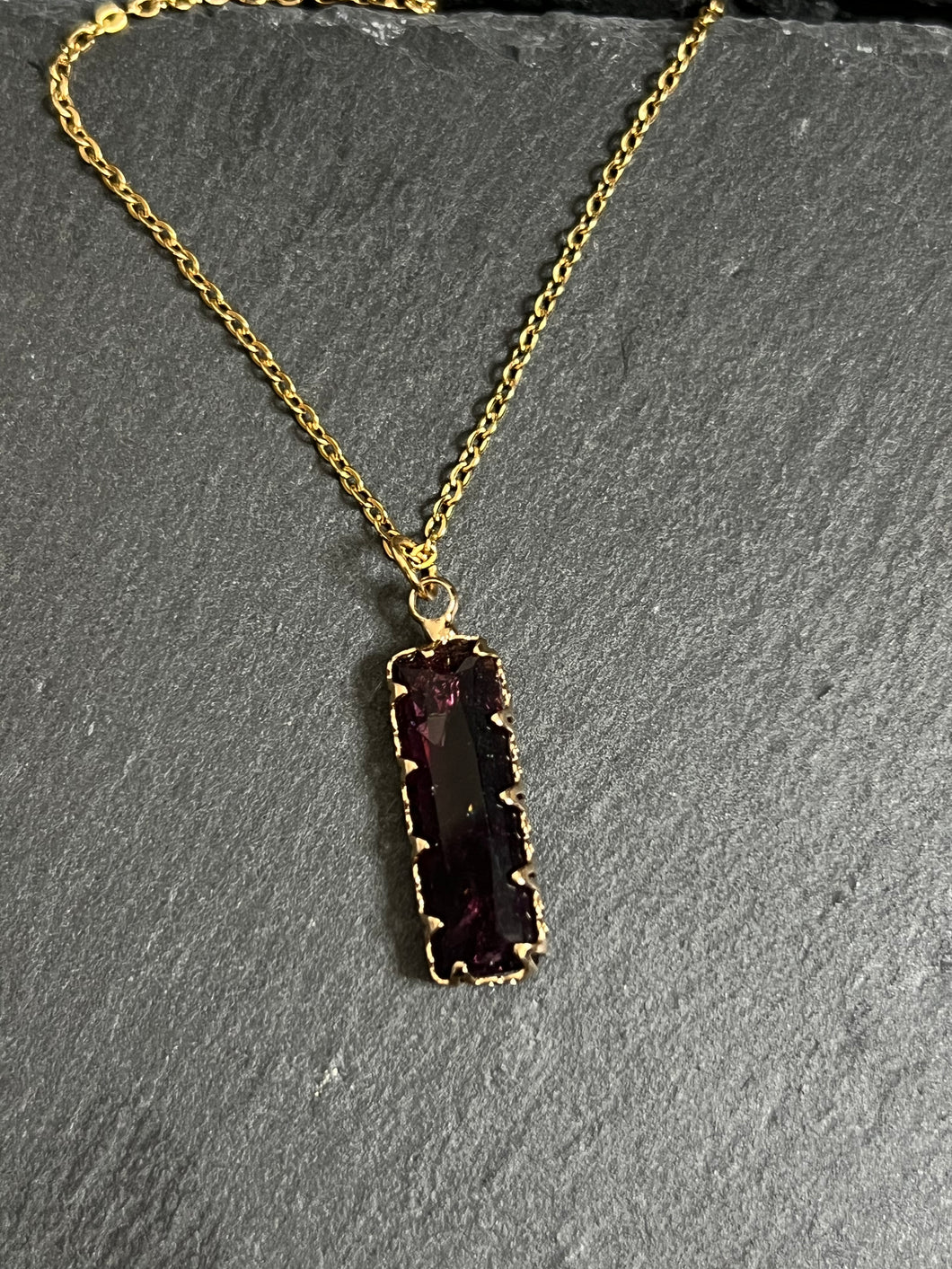 Purple crackle glass stone rectangle necklace