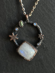 Moon stone labradorite and opal copper electroformed necklace