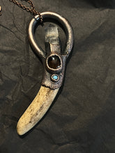 Load image into Gallery viewer, Copper electroform naturally shed antler necklace with smoky quartz and turquoise
