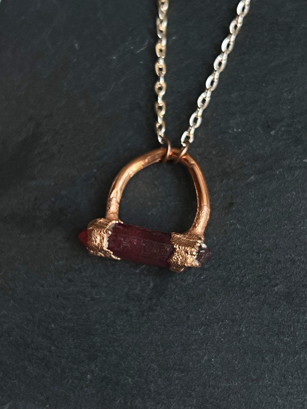 Red quartz bar electroformed pure copper necklace