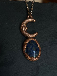 Sodalite and moon electroformed with pure copper necklace