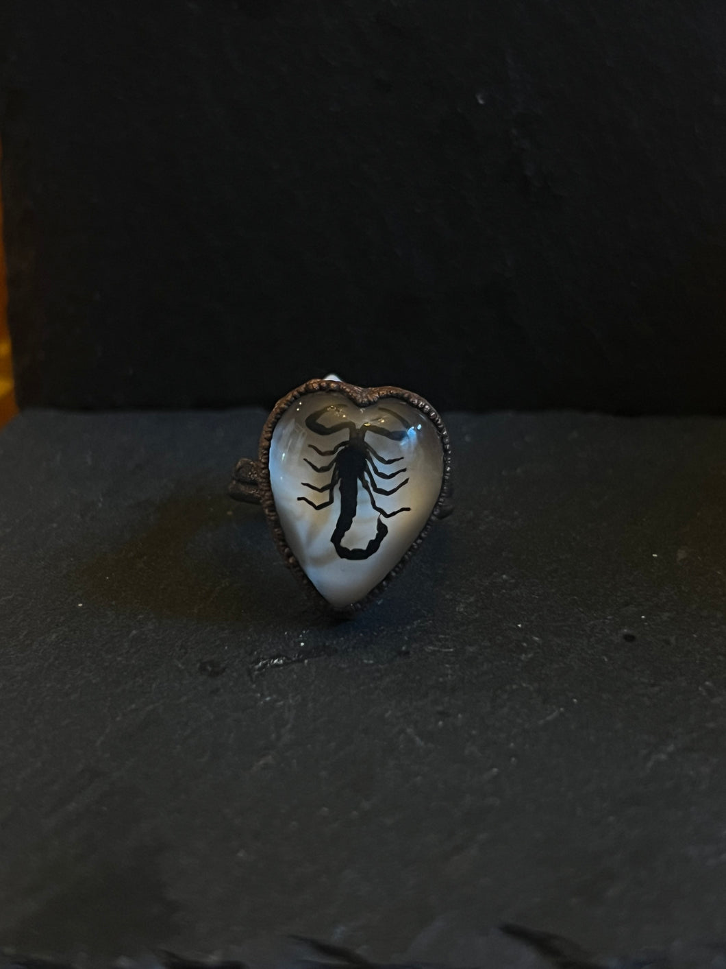 Scorpion heart ring electroformed copper size 7