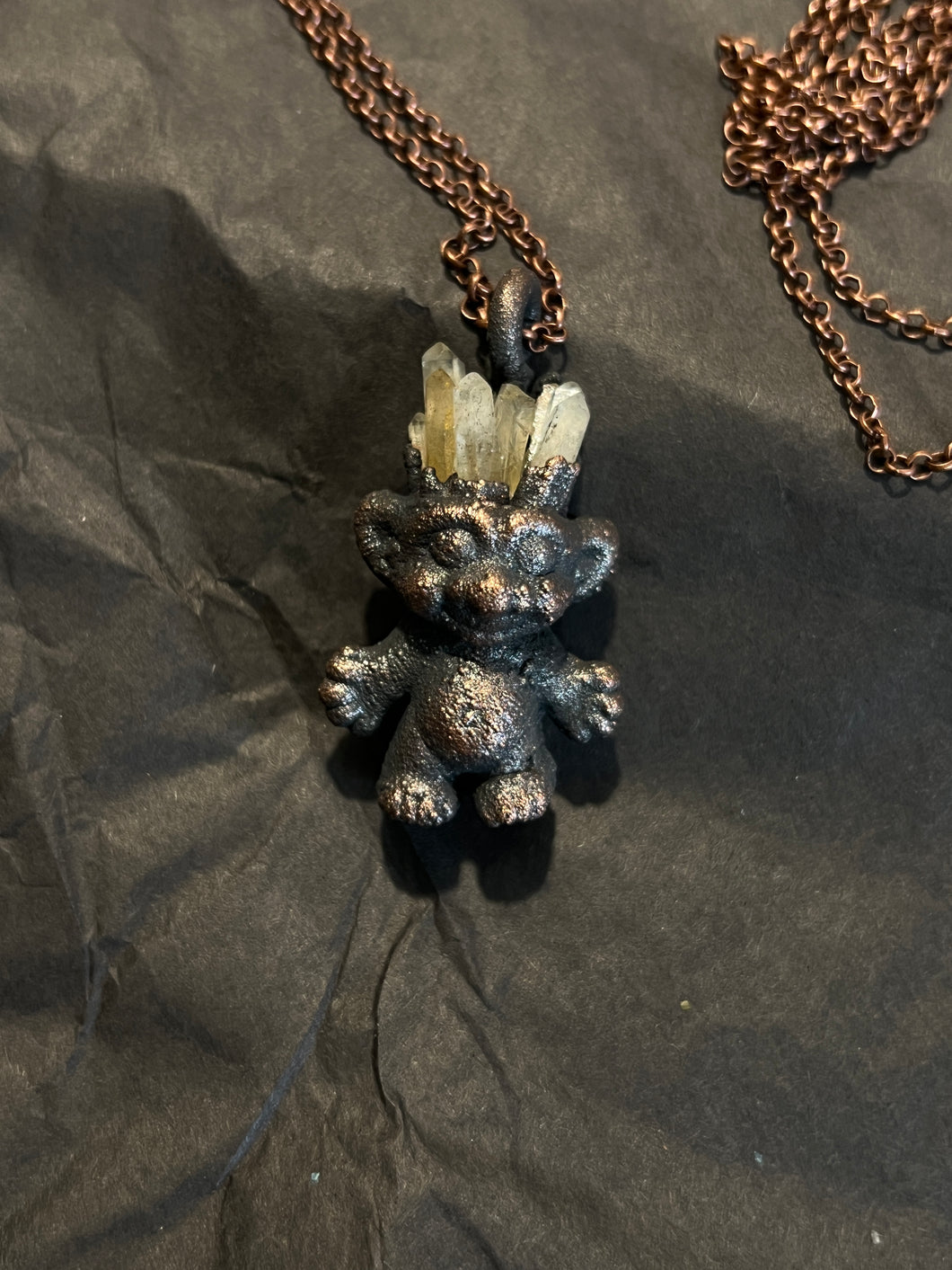 Clear quartz castle copper electroformed mini troll necklace