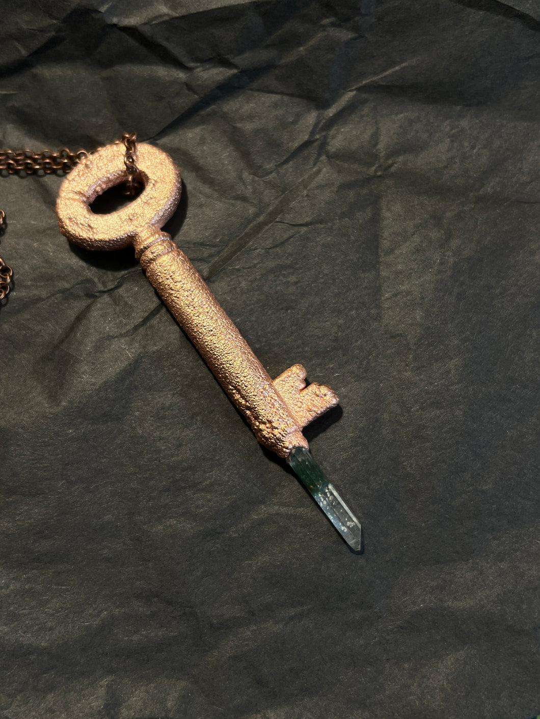 Copper electroformed antique key with ghost quartz