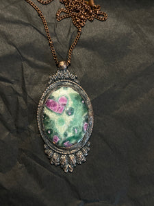 Copper electroformed ruby in fuchsite ornate pendant with heart necklace