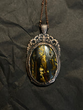 Load image into Gallery viewer, Copper electroformed ornate tiger iron necklace
