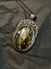 Load image into Gallery viewer, Copper electroformed ornate tiger iron necklace
