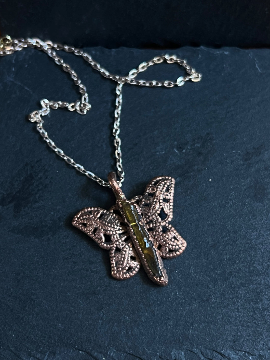 Aura quartz butterfly  electroformed copper stone necklace